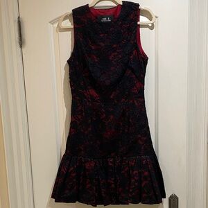 JILL Jill Stuart Red & Black Lace Overlay Sleeveless Cut-Out Back Ruffled Dress